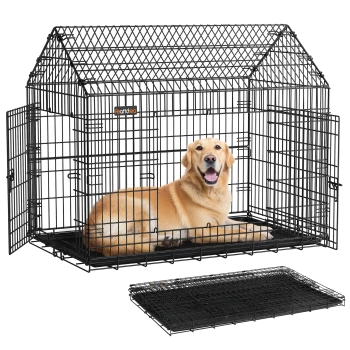 Schwarzer Metall-Hundekäfig mit offenen Türen, ein Hund liegt darin und eine zusammengefaltete Käfigwand vorne, beschriftet mit "feandrea."