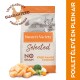 Sac de nourriture pour chat Nature's Variety Selected avec du poulet en liberté, sans grain, avec des ingrédients frais comme des morceaux de poulet et des légumes.