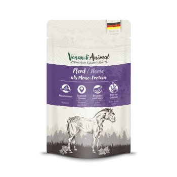 Die Verpackung des Venandi Animal Premium Katzenfutters zeigt Pferdeprotein, mit Symbolen für natürliche Zutaten, regionale Beschaffung und getreidefrei.