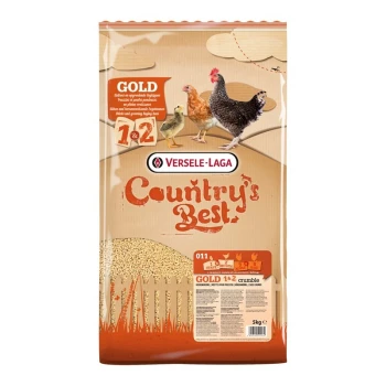 Ein 5 kg Sack Versele-Laga Country's Best GOLD 1 & 2 Krümel Geflügelfutter, mit Bildern eines Küken, einer Henne und eines Hahns auf der Vorderseite.