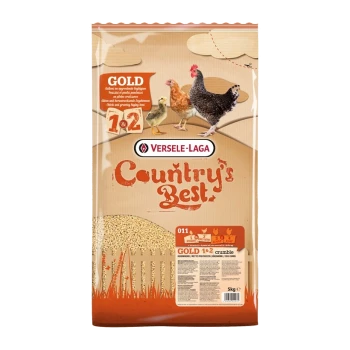 Un sac de 5 kg de nourriture pour volailles Versele-Laga Country's Best GOLD 1 & 2 en miettes, présentant des images d'un poussin, d'une poule et d'un coq sur le devant.
