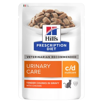 Hill's Prescription Diet c/d Multicare Urinary Care Nassfutter, zarte Hühnerstücke in Soße; 'Veterinarian Recommended'.