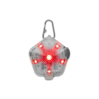 Rotes LED-Sicherheitslicht für Haustiere, in Form eines Pentagon, mit mehreren Lichtern und einem Metallclip zur Befestigung.