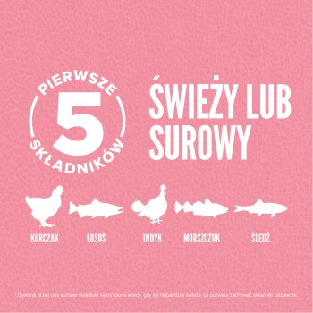 Różowe tło z białym tekstem "5 SKŁADNIKÓW" i "ŚWIEŻY LUB SUROWY." Sylwetki kurczaka, łososia, indyka, mintaja i śledzia poniżej.