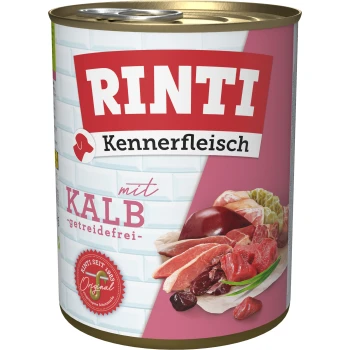 Rinti Kennerfleisch Dosenfutter für Haustiere mit dem Etikett "mit Kalb" und "getreidefrei", das verschiedene Fleischstücke zeigt.