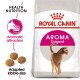 Royal Canin Aroma Exigent cat food bag featuring a cat illustration, highlighting "Aromatic attraction" and "Adapted kibble size."