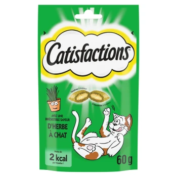 Emballage vert des friandises pour chats Catisfactions présentant un chat cartoon joueur, avec un texte indiquant "moins de 2 kcal par friandise" et "60 g".