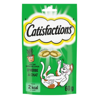 Emballage vert des friandises pour chats Catisfactions présentant un chat cartoon joueur, avec un texte indiquant "moins de 2 kcal par friandise" et "60 g".