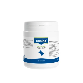 Weißer Behälter von Canina Kräuter-DOC Fell & Haut für Hunde, mit einem blauen Etikett mit einer Hundesilhouette und Nährwertinformationen.