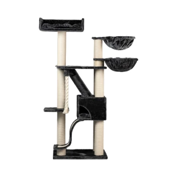 Schwarzer Katzenbaum mit mehreren Ebenen, zwei hängenden Betten, Kratzpfosten und einem Seilspielzeug. Ideal für das Spielen und Ausruhen von Katzen.