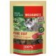 Weicher Fleischsnack für Hunde mit einem Wolfbild, gekennzeichnet mit "Real Nature Wilderness Pure Beef" mit Oregano, 100% Rindfleisch und deutschem Text.