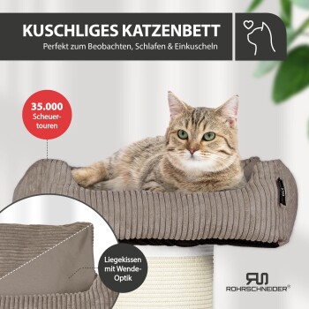 Getigerte Katze auf grauem, geripptem Bett auf dem Kratzbaum; sichtbarer Text: 'KUSCHLIGES KATZENBETT', '35.000 Scheuertouren' und ROHRSCHNEIDER-Logo.