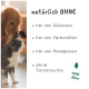 Ein Golden Retriever schnuppert an einer grauen Katze, mit Text, der Merkmale auflistet: keine Silikone, Farbstoffe, Parabene und ein "100% Natur" Logo.
