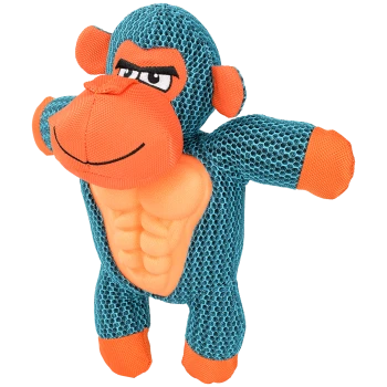 Blaues Plüsch-Gorilla-Spielzeug mit Wabenstruktur, leuchtend orangefarbenem Gesicht, geformtem Sixpack-Brustbereich, Ohren und Pfoten sowie gestickten Augen.