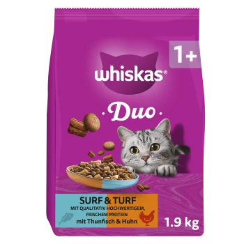 Whiskas Duo rosa Katzenfutterbeutel, Katzenkopf und Schüssel mit Trockenfutter, Text '1+', 'Surf & Turf', 'mit Thunfisch & Huhn', 1,9 kg.