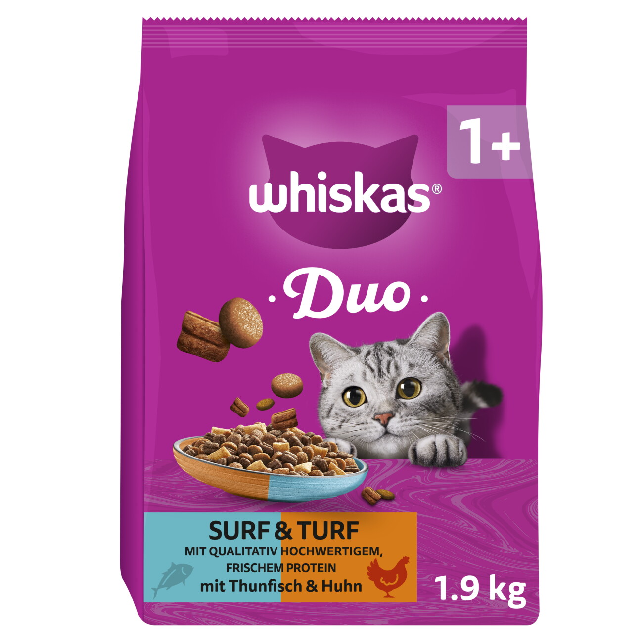 Whiskas Duo Trockenfutter Katze, Adult 1+, Lamm und Truthahn 1,9 kg