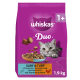 Whiskas Duo rosa Katzenfutterbeutel, Katzenkopf und Schüssel mit Trockenfutter, Text '1+', 'Surf & Turf', 'mit Thunfisch & Huhn', 1,9 kg.