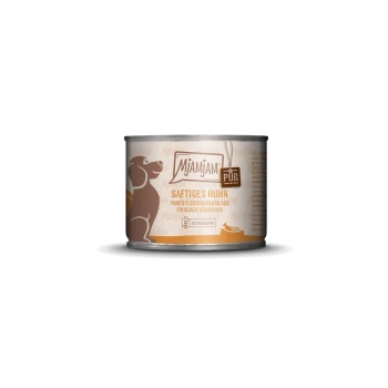 Eine Dose "Mjamjam Pur Saftiges Huhn" Hundefutter, mit einer braunen Hundesilhouette, hergestellt mit frischem Huhn und getreidefrei.