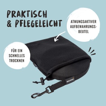 Schwarze atmungsaktive Aufbewahrungstasche für Haustiere, beschriftet mit 'Praktisch & Pflegeleicht' und 'Atmungsaktiver Aufbewahrungs-Beutel', mit einem Clip.