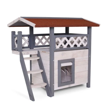 Katzenhaus SunLounge Holzhaustierhaus mit schrägem Dach, Balkon und Treppe, mit einem Fenster und Gitterdesign. Ideal für kleine Haustiere.