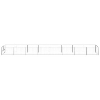 Ein langer, rechteckiger Metallspielzaun für Haustiere mit einem Gitterdesign und einem Eingangstor an einem Ende, geeignet für Hunde oder kleine Tiere.