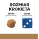 Obraz porównujący rozmiar krokieta dla zwierząt (11 mm) obok niebieskiej kostki (16 mm) z napisem "ROZMIAR KROKIETA" powyżej.