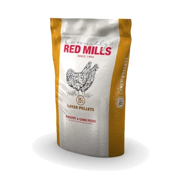 Bag of Connolly's Red Mills Layer Pellets, featuring a drawing of chickens, labeled "15% Layer Pellets" and "Poultry & Game Feeds."