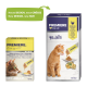 Zwei PREMIERE 'My Jelly' Katzenfutterkartons mit orange getigerter Katze, Jelly-Beutel und Käse-Symbolen; Aufschrift: 'New DESIGN, new SIZE'.