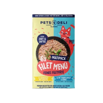 Multipack von PETS DELI Classic Katzenfutter mit 6 feinen Pastetenportionen, darunter Huhn mit Karotte und Thunfisch mit Kürbis.