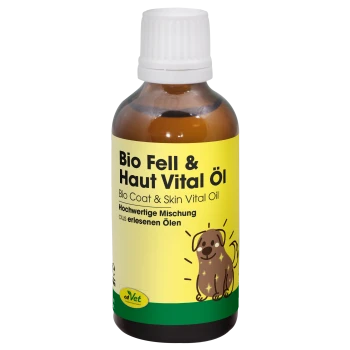 Braune Glasflasche von cdVet Bio Coat & Skin Vital Oil, beschriftet auf Deutsch, hebt natürliche Inhaltsstoffe für die Hautgesundheit von Haustieren hervor.