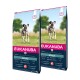 Zwei Beutel Eukanuba Hundefutter für Erwachsene, jeweils 12 kg, mit einem Dalmatiner auf der Vorderseite und Details zu geeigneten Hundetypen und -alter.