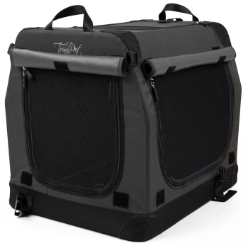 Tragbare Haustiertrage in Schwarz mit Netzfenstern und Griffen, mit dem Logo "Trendy Pet" auf der Oberseite.