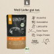 Liebesgut Bio-Lachs Katzenfutterbeutel, Slogan "Weil Liebe gut tut.", BIO-Siegel und deutsche Angaben: Glutenfrei, Getreidefrei, Laktosefrei.