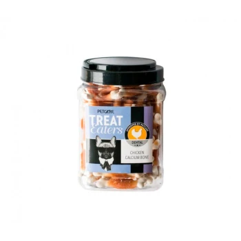 Glas mit Petcare Treat Eaters, das Hühner-Calcium-Knochenleckerlis enthält, gekennzeichnet als "Dental" mit einem Cartoon-Hund auf der Vorderseite.