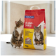 Brown tabby cat beside red-yellow 10kg FIT+FUN KLUMP-STREU clumping cat litter bag with cat photo