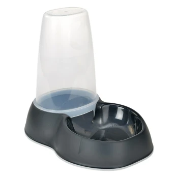 Futter- und Wasserspender Blacky Automatischer Futterspender für Haustiere mit einem transparenten oberen Behälter und einer schwarzen Basis, mit zwei Futter-/Wassernäpfen.