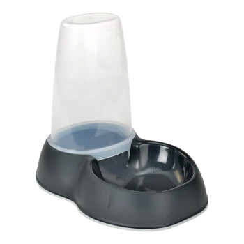Distributeur automatique de nourriture pour animaux avec un réservoir supérieur transparent et une base noire, comportant deux bols pour nourriture/eau.