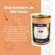 Dose ALPHAZOO Hundefutter mit Huhn, Karotten und Birnen, mit 67% Huhn, getreidefrei und reich an Muskelfleisch.
