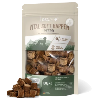 Wiederverschließbare Tüte mit "VITAL SOFT HAPPEN" Hundeleckerlis, mit einem braunen Hund, allergikerfreundlich, 94% Fleisch.