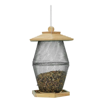 Hanging bird feeder with a wooden top and a wire mesh body filled with birdseed, designed for outdoor use.
