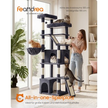 Grauer mehrstufiger Kratzbaum mit fünf Katzen und einer Frau; Text: 'feandrea by SONGMICS HOME', '185 cm', 'All-in-one-Spielplatz'