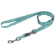 Laisse pour chien réglable bleu clair avec des clips métalliques et le texte embossé « Mollie » sur la sangle.