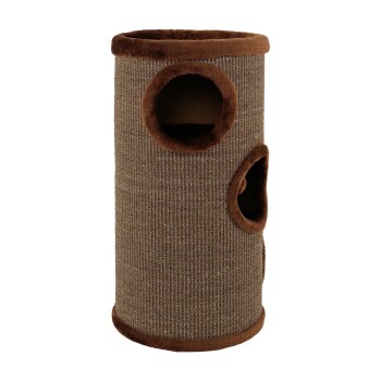 Brauner Katzenbaum mit zwei runden Öffnungen zum Spielen und Verstecken, mit einem weichen, plüschigen Rand um die Kanten.