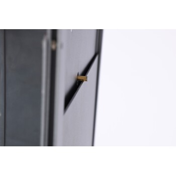 Nahaufnahme eines schwarzen Haustierfutter-Schlitzes mit kleinem messingfarbenem Metallverschluss auf weißem Hintergrund.