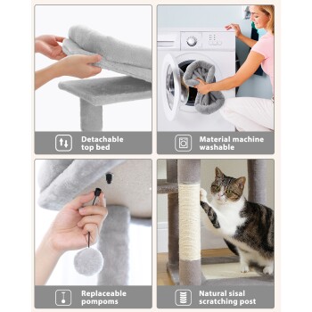 Bild eines Katzenbaums mit Merkmalen: abnehmbares oberes Bett, maschinenwaschbares Material, austauschbare Pompons und ein natürlicher Sisal-Kratzbaum.