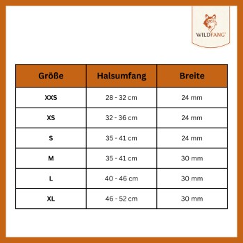 Größentabelle für Haustierhalsbänder von WILDFANG, die Größen XXS bis XL mit Halsumfang und Breitenmessungen in cm und mm auflistet.