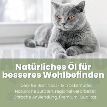 Graue Katze mit orangefarbenen Augen, liegend über deutschem Text, der natürliches Öl für das Wohlbefinden von Haustieren bewirbt.