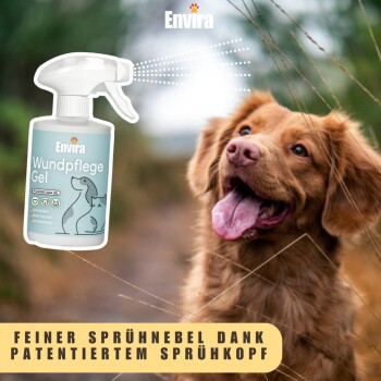 Ein glücklicher Golden Retriever mit herausgestreckter Zunge, neben einer Sprühflasche mit der Aufschrift "Envira Wundpflege Gel", die feinen Sprühnebel für die Haustierpflege bewirbt.