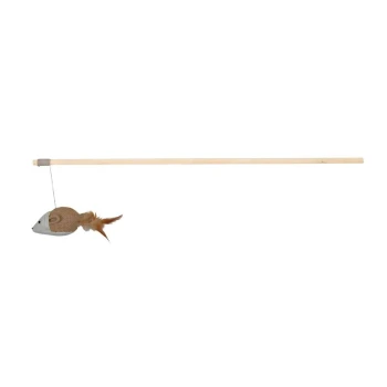 Spielzeug Angel mit Maus Ein Katzenspielzeug mit einem fischförmigen Plüsch, der an einem langen Holzstab befestigt ist, entworfen für interaktives Spielen.