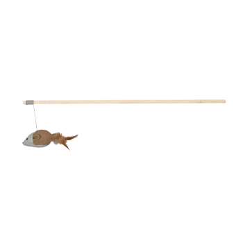 Een kattenspeeltje met een visvormige pluche bevestigd aan een lange houten stok, ontworpen voor interactieve speeltijd.